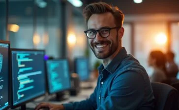 Ein freundlich lächelnder IT-Sicherheitsexperte in hellem, modernem Büro, umgeben von Bildschirmen mit leuchtenden, realistischen Grafiken, die digitale Vernetzung symbolisieren, während warmes Tageslicht durch große Fenster fällt und eine Atmosphäre von Vertrauen und Wachsamkeit schafft.