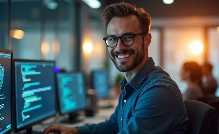 Ein freundlich lächelnder IT-Sicherheitsexperte in hellem, modernem Büro, umgeben von Bildschirmen mit leuchtenden, realistischen Grafiken, die digitale Vernetzung symbolisieren, während warmes Tageslicht durch große Fenster fällt und eine Atmosphäre von Vertrauen und Wachsamkeit schafft.