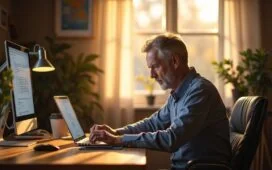 Ein hell erleuchteter, freundlicher Home-Office-Arbeitsplatz mit einem konzentrierten Menschen mittleren Alters, der vor einem modernen Laptop sitzt und aufmerksam eine E-Mail-Adresse auf dem Bildschirm prüft, umgeben von natürlichen Lichtstrahlen, warmen Holztönen und dezentem Technik-Equipment – ein Bild für digitale Wachsamkeit und Schutz vor Phishing-Betrug.