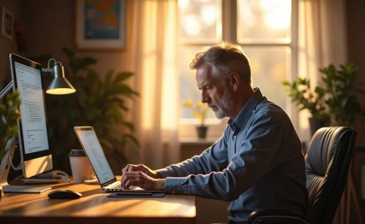 Ein hell erleuchteter, freundlicher Home-Office-Arbeitsplatz mit einem konzentrierten Menschen mittleren Alters, der vor einem modernen Laptop sitzt und aufmerksam eine E-Mail-Adresse auf dem Bildschirm prüft, umgeben von natürlichen Lichtstrahlen, warmen Holztönen und dezentem Technik-Equipment – ein Bild für digitale Wachsamkeit und Schutz vor Phishing-Betrug.