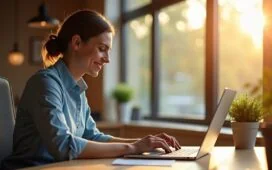 Ein warm beleuchtetes, realistisches Büro-Setting mit einem freundlichen Bankmitarbeiter, der konzentriert vor einem Laptop sitzt und kundenorientiert am digitalen Schutz vor Cyberkriminalität arbeitet, während sanftes Tageslicht durch große Fenster fällt und eine Atmosphäre von Vertrauen und Sicherheit schafft.