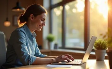 Ein warm beleuchtetes, realistisches Büro-Setting mit einem freundlichen Bankmitarbeiter, der konzentriert vor einem Laptop sitzt und kundenorientiert am digitalen Schutz vor Cyberkriminalität arbeitet, während sanftes Tageslicht durch große Fenster fällt und eine Atmosphäre von Vertrauen und Sicherheit schafft.