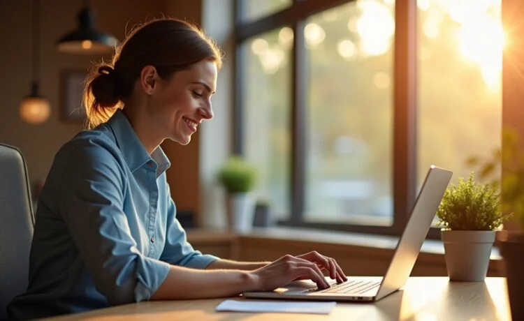 Ein warm beleuchtetes, realistisches Büro-Setting mit einem freundlichen Bankmitarbeiter, der konzentriert vor einem Laptop sitzt und kundenorientiert am digitalen Schutz vor Cyberkriminalität arbeitet, während sanftes Tageslicht durch große Fenster fällt und eine Atmosphäre von Vertrauen und Sicherheit schafft.