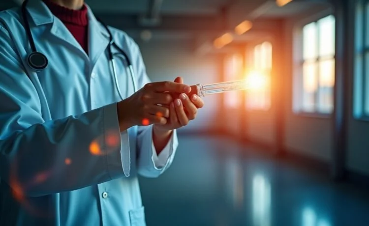 In einem hell erleuchteten, modernen Labor strahlt eine warm gestaltete Nahaufnahme konzentrierter Hände, die feinste Glasfaserkabel mit polarisationserhaltenden Steckverbindungen präzise montieren, während sanftes Tageslicht durch große Fenster fällt und innovativen Hightech-Fortschritt in der Telekommunikation symbolisiert.