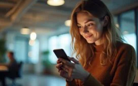 In einem hell erleuchteten, modernen Büro vermittelt eine junge Frau mit freundlich aufmerksamer Miene beim sorgsamen Umgang mit ihrem Smartphone das Spannungsfeld zwischen intelligenter Videoanalyse und dem Schutz ihrer Privatsphäre in Kommunikations-Apps.