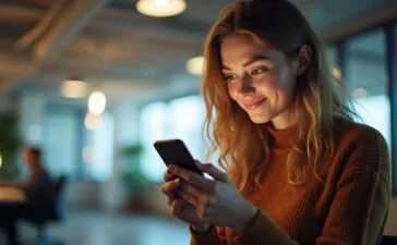 In einem hell erleuchteten, modernen Büro vermittelt eine junge Frau mit freundlich aufmerksamer Miene beim sorgsamen Umgang mit ihrem Smartphone das Spannungsfeld zwischen intelligenter Videoanalyse und dem Schutz ihrer Privatsphäre in Kommunikations-Apps.