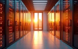 Ein lichtdurchfluteter, moderner Serverraum mit glänzenden, energieeffizienten Rechenzentren in warmen, natürlichen Farbtönen, in dem Technik und Nachhaltigkeit sichtbar harmonisch verschmelzen und dadurch ein einladendes, zukunftsorientiertes Ambiente schaffen.