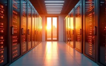 Ein lichtdurchfluteter, moderner Serverraum mit glänzenden, energieeffizienten Rechenzentren in warmen, natürlichen Farbtönen, in dem Technik und Nachhaltigkeit sichtbar harmonisch verschmelzen und dadurch ein einladendes, zukunftsorientiertes Ambiente schaffen.