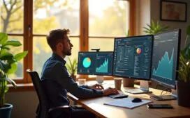 Ein strahlend helles Büro mit moderner Technik, in dem ein fokussierter Webentwickler in natürlichem Sonnenlicht vor mehreren Bildschirmen mit komplexen Monitoring-Dashboards arbeitet, umgeben von warmen Holztönen und lebendigem Grün, das eine inspirierende Atmosphäre von Innovation, Vernetzung und Kontrolle vermittelt.