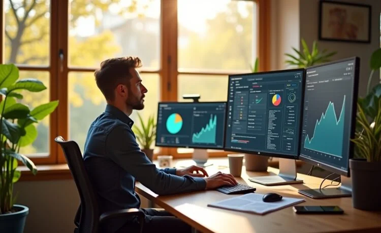 Ein strahlend helles Büro mit moderner Technik, in dem ein fokussierter Webentwickler in natürlichem Sonnenlicht vor mehreren Bildschirmen mit komplexen Monitoring-Dashboards arbeitet, umgeben von warmen Holztönen und lebendigem Grün, das eine inspirierende Atmosphäre von Innovation, Vernetzung und Kontrolle vermittelt.