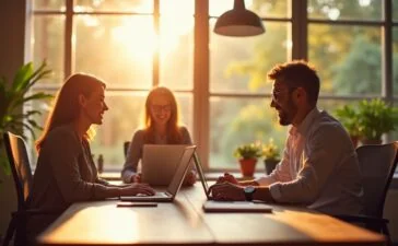 Ein freundliches, lichtdurchflutetes Büroambiente, in dem ein kleines Team konzentriert und entspannt an Laptops arbeitet, während warme Sonnenstrahlen durch große Fenster fallen und das Zusammenspiel von moderner Technologie und vertrauensvoller Zusammenarbeit für sichere Passwortverwaltung symbolisieren.