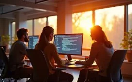 Ein warm beleuchtetes, modernes Entwicklerbüro mit fokussierten Programmiererinnen und Programmierern vor hellen Bildschirmen, die im Sonnenlicht eines großen Fensters Echtzeit-Daten und KI-Modelle visualisieren, und so die lebendige Brücke zwischen künstlicher Intelligenz und Webentwicklung reflektieren.