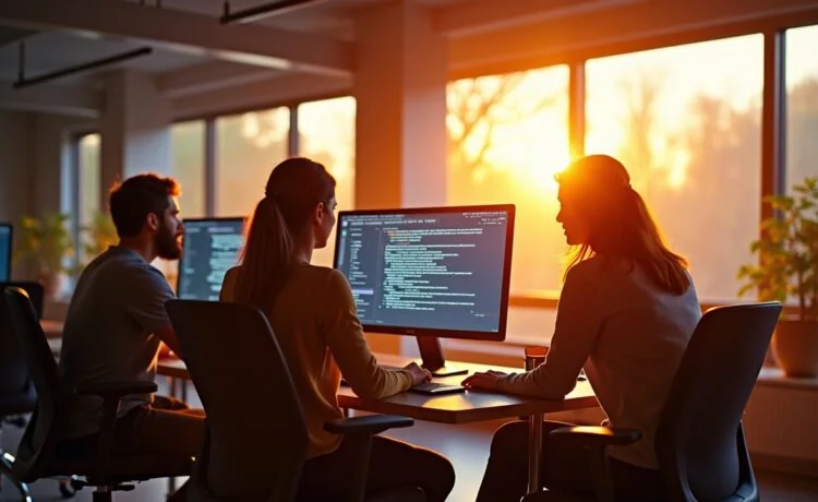 Ein warm beleuchtetes, modernes Entwicklerbüro mit fokussierten Programmiererinnen und Programmierern vor hellen Bildschirmen, die im Sonnenlicht eines großen Fensters Echtzeit-Daten und KI-Modelle visualisieren, und so die lebendige Brücke zwischen künstlicher Intelligenz und Webentwicklung reflektieren.