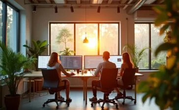 Ein sonnenbeschienener, moderner Arbeitsbereich mit entspannten Designern und Entwicklern, die gemeinsam an leuchtenden Bildschirmen voller UI-Skizzen und Code sitzen, umgeben von grünen Pflanzen und warmem Tageslicht, das eine kreative, verbindende Atmosphäre voller Innovationsgeist schafft.