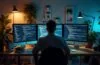 Ein heller, warm beleuchteter Arbeitsplatz mit einem konzentrierten IT-Experten vor mehreren Bildschirmen, auf denen dezent Code und abstrakte Datenströme erkennbar sind, umgeben von moderner Technik und Pflanzen, die eine harmonische Verbindung von Hightech und menschlicher Präsenz vermitteln.