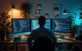 Ein heller, warm beleuchteter Arbeitsplatz mit einem konzentrierten IT-Experten vor mehreren Bildschirmen, auf denen dezent Code und abstrakte Datenströme erkennbar sind, umgeben von moderner Technik und Pflanzen, die eine harmonische Verbindung von Hightech und menschlicher Präsenz vermitteln.