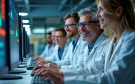 Ein strahlend helles, natürlich beleuchtetes Foto eines modernen, klar strukturierten Labors mit einem entspannt lächelnden Forscherteam, das vor futuristischen Quantencomputern in einem warmen, einladenden Ambiente diskutiert und so die spannende Verschmelzung von Innovation und Alltag greifbar macht.