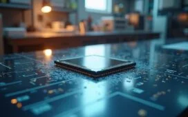 Eine strahlend helle, editorial gestaltete Aufnahme eines modernen Hightech-Labors mit einem sorgfältig fokussierten Quantencomputer-Chip auf einem glänzenden Metalltisch, umgeben von sanft warmem Tageslicht, das eine Atmosphäre von zukunftsweisender Innovation, Fortschritt und menschlichem Forschergeist vermittelt.
