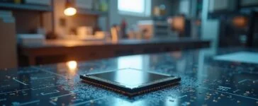 Eine strahlend helle, editorial gestaltete Aufnahme eines modernen Hightech-Labors mit einem sorgfältig fokussierten Quantencomputer-Chip auf einem glänzenden Metalltisch, umgeben von sanft warmem Tageslicht, das eine Atmosphäre von zukunftsweisender Innovation, Fortschritt und menschlichem Forschergeist vermittelt.