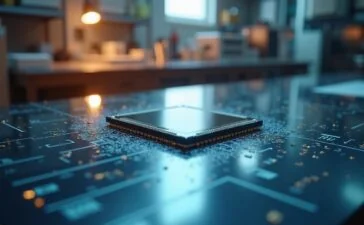 Eine strahlend helle, editorial gestaltete Aufnahme eines modernen Hightech-Labors mit einem sorgfältig fokussierten Quantencomputer-Chip auf einem glänzenden Metalltisch, umgeben von sanft warmem Tageslicht, das eine Atmosphäre von zukunftsweisender Innovation, Fortschritt und menschlichem Forschergeist vermittelt.