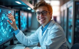 Ein strahlend helles, editorial aufgenommenes Porträt eines jungen Wissenschaftlers in einem modernen Labor, umgeben von komplexer Quantencomputer-Hardware und transparenten Bildschirmen, das mit natürlichem Tageslicht eine freundliche, optimistische Atmosphäre voller Innovationsgeist und wissenschaftlicher Aufbruchsstimmung vermittelt.