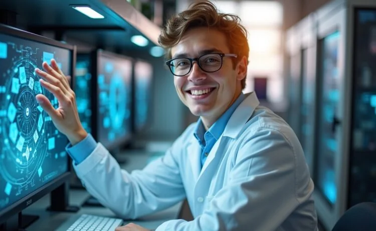Ein strahlend helles, editorial aufgenommenes Porträt eines jungen Wissenschaftlers in einem modernen Labor, umgeben von komplexer Quantencomputer-Hardware und transparenten Bildschirmen, das mit natürlichem Tageslicht eine freundliche, optimistische Atmosphäre voller Innovationsgeist und wissenschaftlicher Aufbruchsstimmung vermittelt.