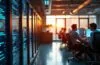 Ein warm beleuchtetes, modernes Serverraum-Interieur mit sensibel arbeitenden IT-Spezialisten, die konzentriert vor Bildschirmen voller Netzwerkdiagramme und Code sitzen, während natürliches Tageslicht durch große Fenster fällt und die angespannte, aber hoffnungsvolle Atmosphäre globaler digitaler Vernetzung und Problemlösung einfängt.