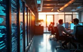 Ein warm beleuchtetes, modernes Serverraum-Interieur mit sensibel arbeitenden IT-Spezialisten, die konzentriert vor Bildschirmen voller Netzwerkdiagramme und Code sitzen, während natürliches Tageslicht durch große Fenster fällt und die angespannte, aber hoffnungsvolle Atmosphäre globaler digitaler Vernetzung und Problemlösung einfängt.