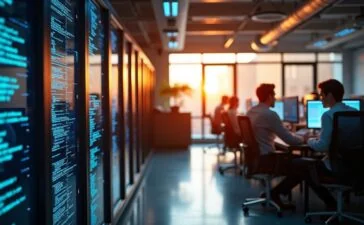 Ein warm beleuchtetes, modernes Serverraum-Interieur mit sensibel arbeitenden IT-Spezialisten, die konzentriert vor Bildschirmen voller Netzwerkdiagramme und Code sitzen, während natürliches Tageslicht durch große Fenster fällt und die angespannte, aber hoffnungsvolle Atmosphäre globaler digitaler Vernetzung und Problemlösung einfängt.