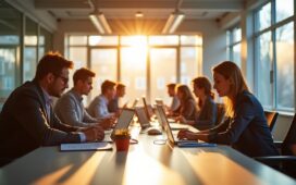 Ein strahlend hell erleuchtetes modernes Büro mit fokussierten Forschern, die entspannt an digitalen Geräten arbeiten und dabei lebhaft über komplexe Daten diskutieren, während warme Sonnenstrahlen durch große Fenster fallen und eine einladende, inspirierende Atmosphäre schaffen, die Wissenschaft, Intelligenz und das Abwägen von Risiko und Rationalität im Zeitalter der KI spürbar macht.