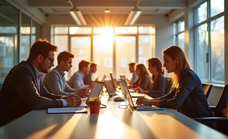 Ein strahlend hell erleuchtetes modernes Büro mit fokussierten Forschern, die entspannt an digitalen Geräten arbeiten und dabei lebhaft über komplexe Daten diskutieren, während warme Sonnenstrahlen durch große Fenster fallen und eine einladende, inspirierende Atmosphäre schaffen, die Wissenschaft, Intelligenz und das Abwägen von Risiko und Rationalität im Zeitalter der KI spürbar macht.