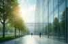 Ein vielversprechender Blick auf ein modernes, lichtdurchflutetes Rechenzentrum mit gläserner Fassade, in dem freundliche Mitarbeiter bei natürlicher Sonnenlichtstimmung innovative Serverarchitekturen und grüne Technologien inspizieren – eine harmonische Symbiose aus Hightech und nachhaltiger Energieinfrastruktur.