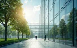 Ein vielversprechender Blick auf ein modernes, lichtdurchflutetes Rechenzentrum mit gläserner Fassade, in dem freundliche Mitarbeiter bei natürlicher Sonnenlichtstimmung innovative Serverarchitekturen und grüne Technologien inspizieren – eine harmonische Symbiose aus Hightech und nachhaltiger Energieinfrastruktur.