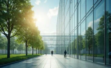 Ein vielversprechender Blick auf ein modernes, lichtdurchflutetes Rechenzentrum mit gläserner Fassade, in dem freundliche Mitarbeiter bei natürlicher Sonnenlichtstimmung innovative Serverarchitekturen und grüne Technologien inspizieren – eine harmonische Symbiose aus Hightech und nachhaltiger Energieinfrastruktur.