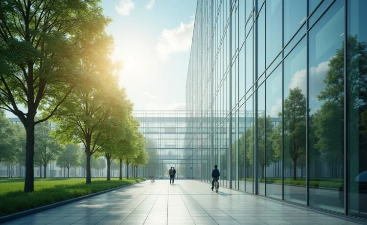 Ein vielversprechender Blick auf ein modernes, lichtdurchflutetes Rechenzentrum mit gläserner Fassade, in dem freundliche Mitarbeiter bei natürlicher Sonnenlichtstimmung innovative Serverarchitekturen und grüne Technologien inspizieren – eine harmonische Symbiose aus Hightech und nachhaltiger Energieinfrastruktur.