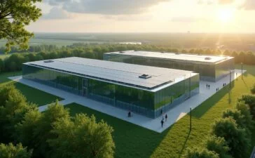 In einem sonnendurchfluteten Industriepark erstreckt sich ein modernes Rechenzentrum mit glänzenden Glasfassaden und grünen Solarpanelen auf dem Dach, umrahmt von üppigem, gepflegtem Grün und geöffneten Sichtachsen, die eine harmonische Verbindung von technologischer Gigastruktur und nachhaltiger Natur repräsentieren – eingefangen in warmem, natürlichem Licht und mit realistischer Detailtiefe, die Zuversicht und Fortschritt symbolisiert.