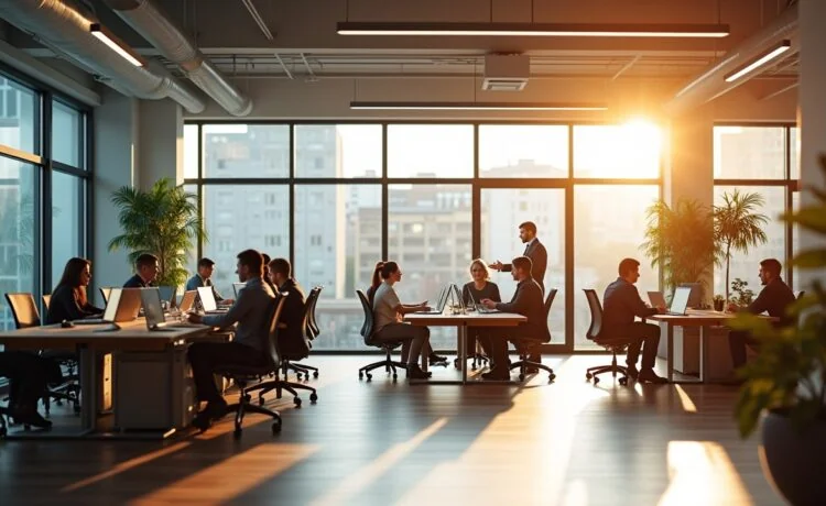 Ein hell erleuchtetes, modernes Open-Space-Büro, in dem ein vielfältiges Team engagiert mit Laptops und Tablets an hybriden KI-Lösungen arbeitet, während sanftes Tageslicht durch große Fenster strömt und eine warme, einladende Atmosphäre voller Fokus und Innovation schafft.