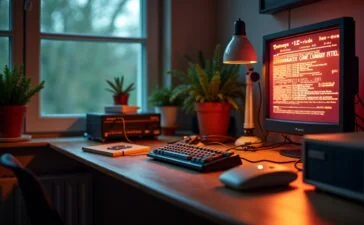 Ein stimmungsvoll inszenierter Arbeitsplatz mit einem beleuchteten ZX Spectrum und einem Raspberry Pi, umgeben von warmem Tageslicht, das sanft auf Kabel, Platinen und nostalgische Computertastaturen fällt und so die charmante Verbindung von Retro-Hardware und moderner Webtechnologie lebendig einfängt.