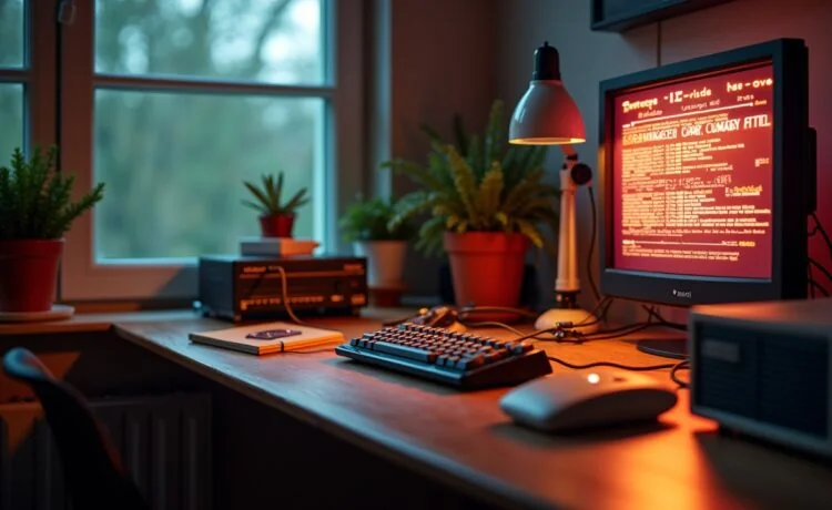 Ein stimmungsvoll inszenierter Arbeitsplatz mit einem beleuchteten ZX Spectrum und einem Raspberry Pi, umgeben von warmem Tageslicht, das sanft auf Kabel, Platinen und nostalgische Computertastaturen fällt und so die charmante Verbindung von Retro-Hardware und moderner Webtechnologie lebendig einfängt.