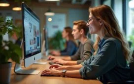 Ein lichtdurchflutetes, modernes Büro mit fokussiert lächelnden Entwickler:innen, die an hochmodernen Computern mit mehreren Bildschirmen arbeiten, umgeben von warmen Holzakzenten und üppigem Grün, das die Zukunft des KI-Systemdesigns und die inspirierende Zusammenarbeit im Context Engineering in einer realistischen, freundlichen und cineastischen Atmosphäre einfängt.