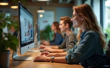 Ein lichtdurchflutetes, modernes Büro mit fokussiert lächelnden Entwickler:innen, die an hochmodernen Computern mit mehreren Bildschirmen arbeiten, umgeben von warmen Holzakzenten und üppigem Grün, das die Zukunft des KI-Systemdesigns und die inspirierende Zusammenarbeit im Context Engineering in einer realistischen, freundlichen und cineastischen Atmosphäre einfängt.