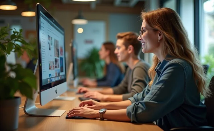 Ein lichtdurchflutetes, modernes Büro mit fokussiert lächelnden Entwickler:innen, die an hochmodernen Computern mit mehreren Bildschirmen arbeiten, umgeben von warmen Holzakzenten und üppigem Grün, das die Zukunft des KI-Systemdesigns und die inspirierende Zusammenarbeit im Context Engineering in einer realistischen, freundlichen und cineastischen Atmosphäre einfängt.