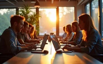 Ein hell erleuchtetes Büro mit einer lächelnden, vielfältigen Entwicklergruppe, die konzentriert an modernen Laptops arbeitet und lebhaft über neue Code-Ideen diskutiert, während warmes Tageslicht durch große Fenster fällt und eine Atmosphäre von Offenheit, Gemeinschaft und Fortschritt vermittelt.