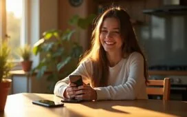 Eine freundliche junge Frau sitzt entspannt an einem hell erleuchteten Holztisch, umgeben von modernen Android-Geräten, während natürliches Sonnenlicht sanft ihr Gesicht und die technischen Details der Smartphone-Bildschirme hervorhebt und so die Zukunft KI-gestützter App-Automatisierung in einem warmen, einladenden Moment visuell einfängt.