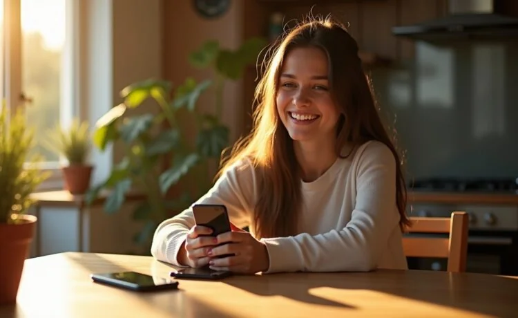 Eine freundliche junge Frau sitzt entspannt an einem hell erleuchteten Holztisch, umgeben von modernen Android-Geräten, während natürliches Sonnenlicht sanft ihr Gesicht und die technischen Details der Smartphone-Bildschirme hervorhebt und so die Zukunft KI-gestützter App-Automatisierung in einem warmen, einladenden Moment visuell einfängt.