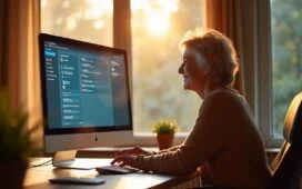 Ein warm beleuchtetes, modernes Home-Office mit einer entspannten Person mittleren Alters, die lächelnd vor einem brillanten Bildschirm sitzt, auf dem ein intuitives KI-Browser-Interface mit ChatGPT-Dialog erkennbar ist, während sanftes Tageslicht durch ein großes Fenster fällt und eine freundliche, zukunftsweisende Atmosphäre schafft.