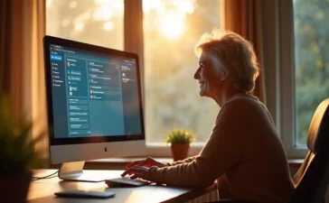 Ein warm beleuchtetes, modernes Home-Office mit einer entspannten Person mittleren Alters, die lächelnd vor einem brillanten Bildschirm sitzt, auf dem ein intuitives KI-Browser-Interface mit ChatGPT-Dialog erkennbar ist, während sanftes Tageslicht durch ein großes Fenster fällt und eine freundliche, zukunftsweisende Atmosphäre schafft.