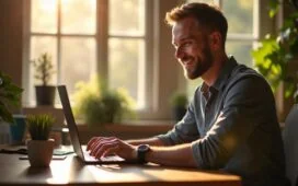 Ein sonnendurchfluteter Arbeitsplatz mit einem lächelnden Entwickler, der konzentriert vor einem modernen Laptop sitzt, während warme Tageslichtstrahlen sanft die Tastatur und Notizen beleuchten und so die produktive Atmosphäre des effizienten Code-Scannens mit ripgrep einfangen.