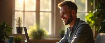 Ein sonnendurchfluteter Arbeitsplatz mit einem lächelnden Entwickler, der konzentriert vor einem modernen Laptop sitzt, während warme Tageslichtstrahlen sanft die Tastatur und Notizen beleuchten und so die produktive Atmosphäre des effizienten Code-Scannens mit ripgrep einfangen.