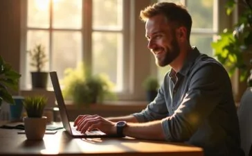 Ein sonnendurchfluteter Arbeitsplatz mit einem lächelnden Entwickler, der konzentriert vor einem modernen Laptop sitzt, während warme Tageslichtstrahlen sanft die Tastatur und Notizen beleuchten und so die produktive Atmosphäre des effizienten Code-Scannens mit ripgrep einfangen.